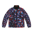 Urban Eclipse Puffer Jacket with bold abstract design in deep reds, blues, and whites, offering stylish urban-inspired fashion.