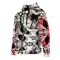 Red GeoLux Unisex Hoodie with geometric design, sustainable fabric, side view.