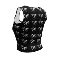 Back view of the Midnight Silver Eclipse Crop Top showcasing abstract print and four-way stretch design.
