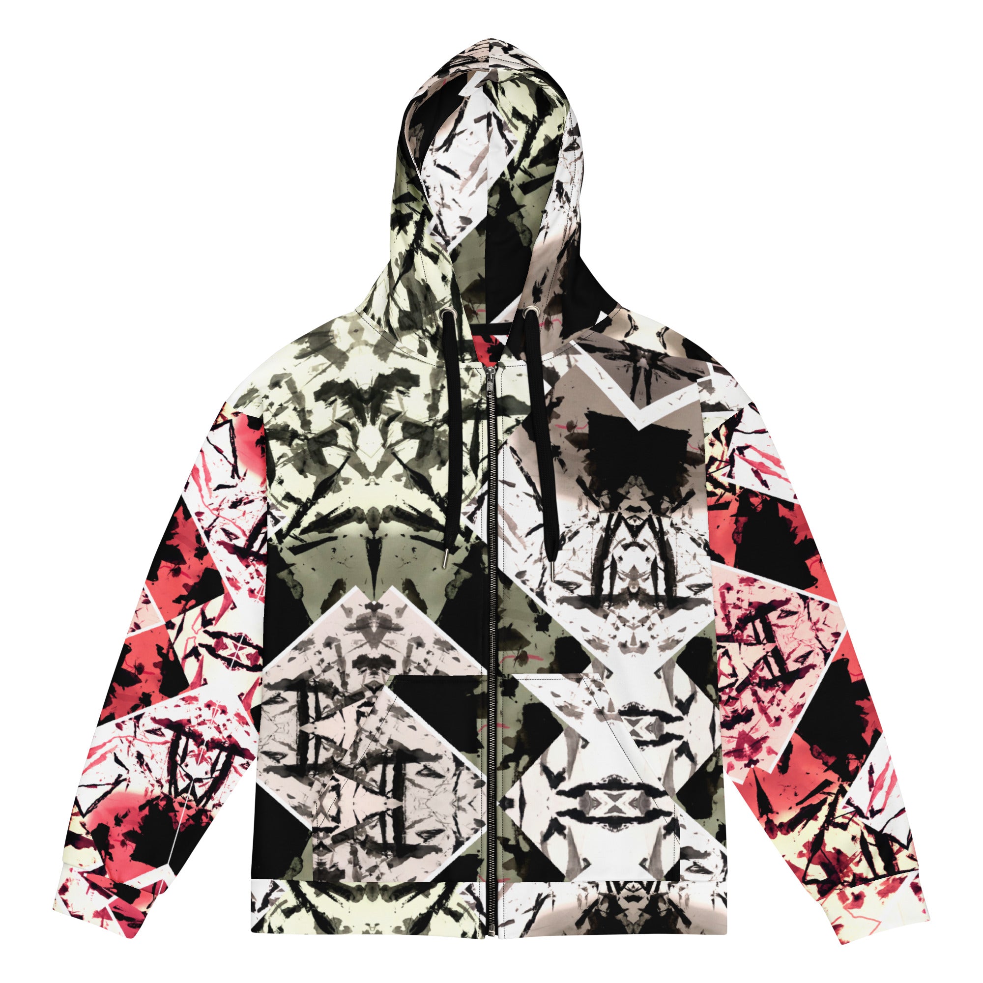 Red GeoLux Unisex Hoodie with geometric pattern, featuring sustainable design and relaxed fit for comfort and style.